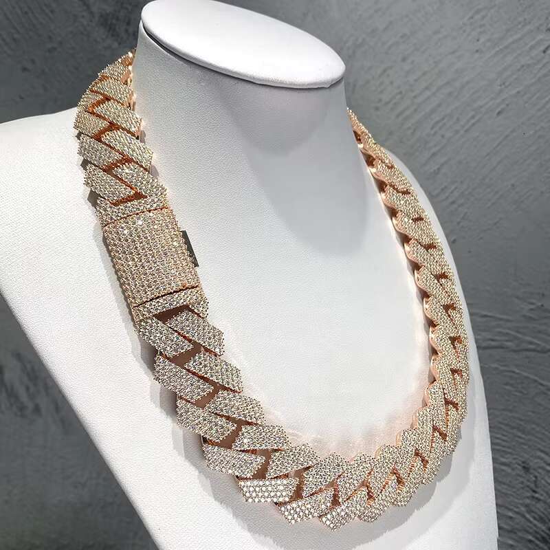 Shining 18K Gold Plated Sterling Silver 24mm 4 Rows Iced Cuban Link Chain Necklace Moissanite