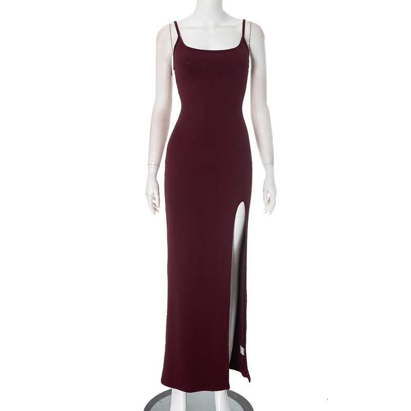 2025S Fashion Designer Y DS Style Women S Autumn And Winter Sexy Suspender Solid Color Backless Waist Cinched Slit Hip Hugging Dress