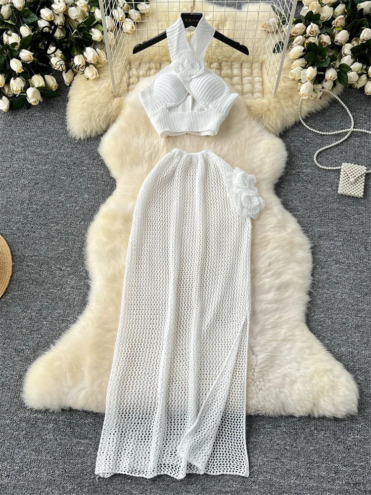 SINGREINY Summer 3D Knit Suits Halter Hollow Out Mini TopsLong Slim Side Split Skirt Women Beachwear Sexy 2 Pieces Sets 250324