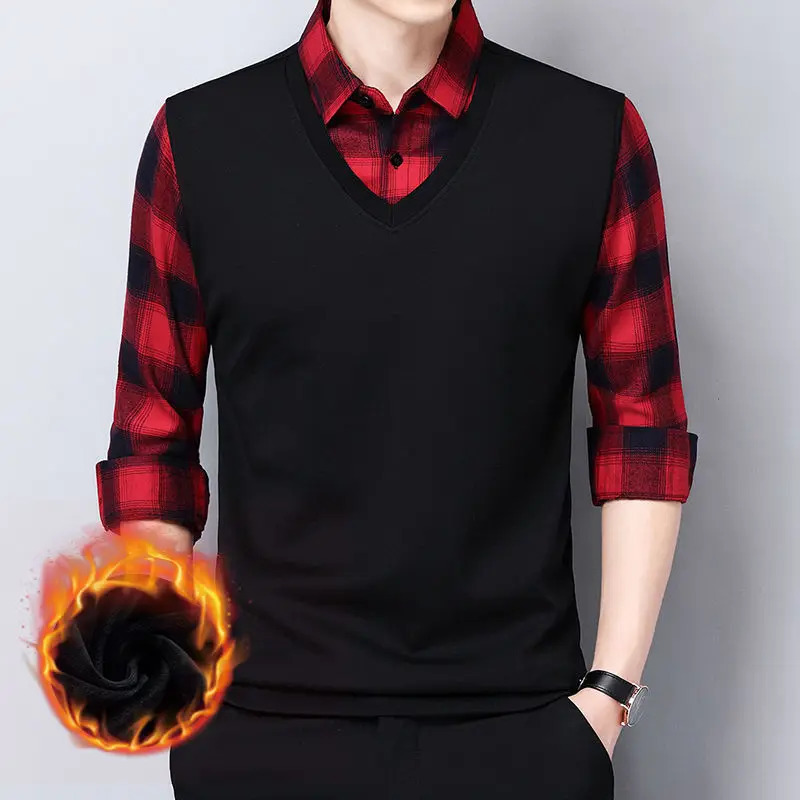 Smart Casual Formal Mens Polo Shirt Two Plaid Street Retro Clothing Spring and Autumn Fashion Long Sleeve Business Top 250326