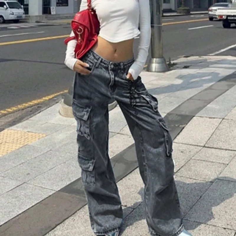 European and American retro style womens jeans loose fit slim fit high waist slimming straight leg pants work pants pocket pants 250321