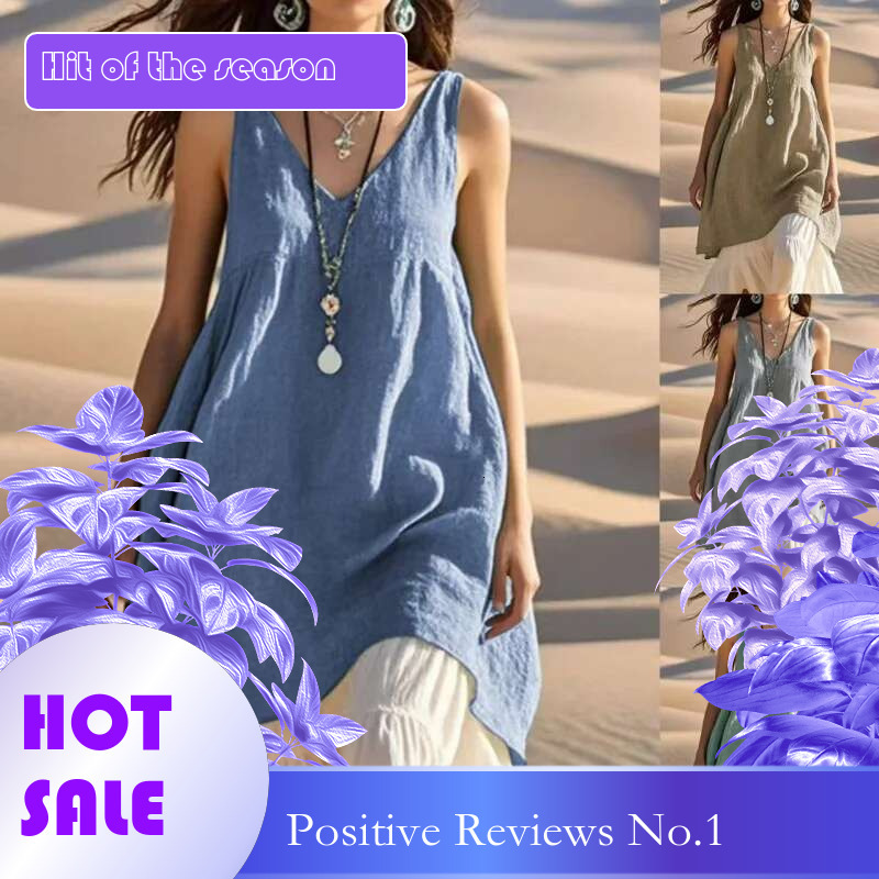 Dongdumaoyi Zomer Nieuwe Vrouwen Casual Losse Mode Mouwloze Linnen Effen Kleur V Hals Strand Jurk A