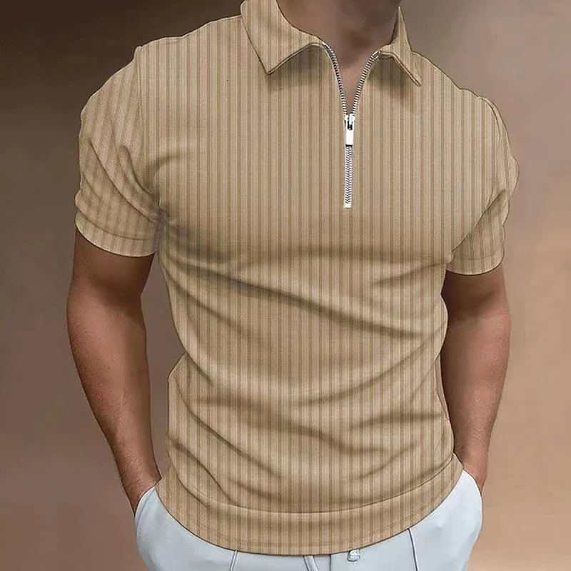 Hommes zip raye polo couleur unie t shirt manches courtes chemise Casual Slim Summer jogging Fitness 250324