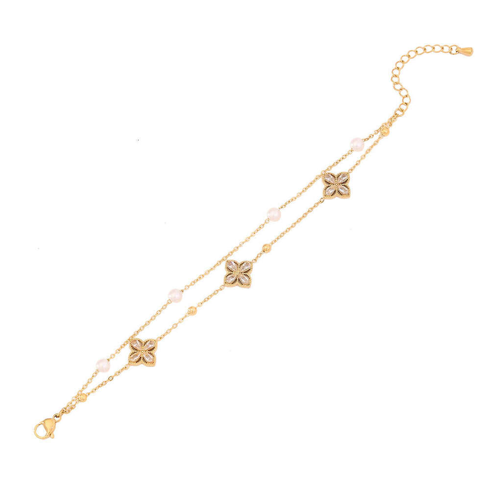 Clover Bracelet Designer jewelry 4/ Leaf Bracelet Gold Plate Agate Diamond double layered chain with pearl accessories Chain birthday Gift Party desig