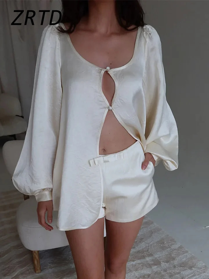 Elegant Satin Shirt Shorts Sets Women Hollow Out Lantern Sleeve Blouses Bow Short Pants 2025 Spring Summer Lady Vacation Outfits 250324