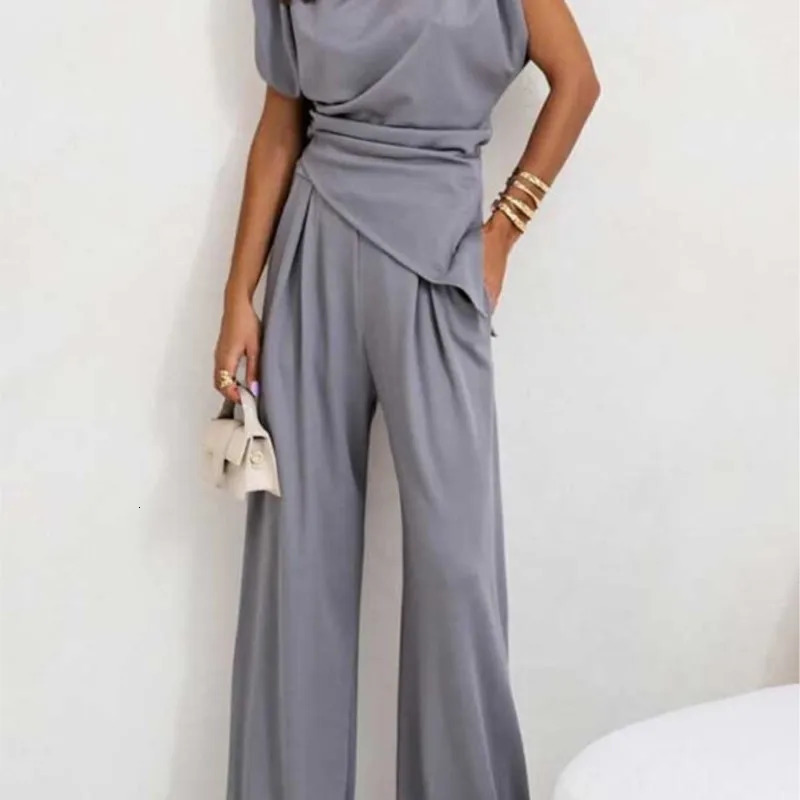 Summer Fashion Solid Two Piece Set Women Casual Off Shoulder Irregular Top Wide Leg Pants Two Piece Set Women 250321