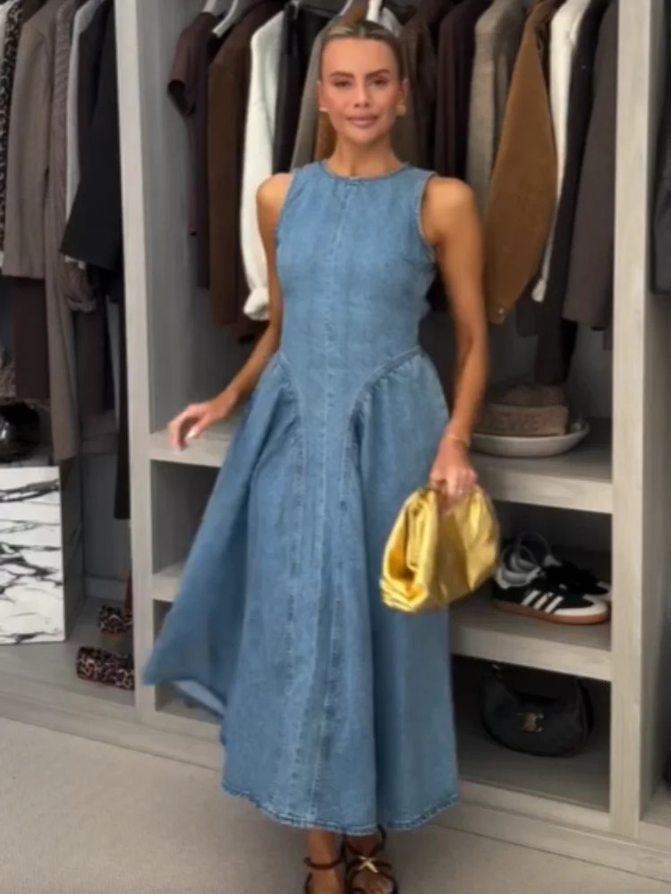Sexy Women Backless Lace Up High Waisted Denim Dress Fashion O Neck Sleeveless A Line Dresses Spring Chic Lady Street Robes 250325