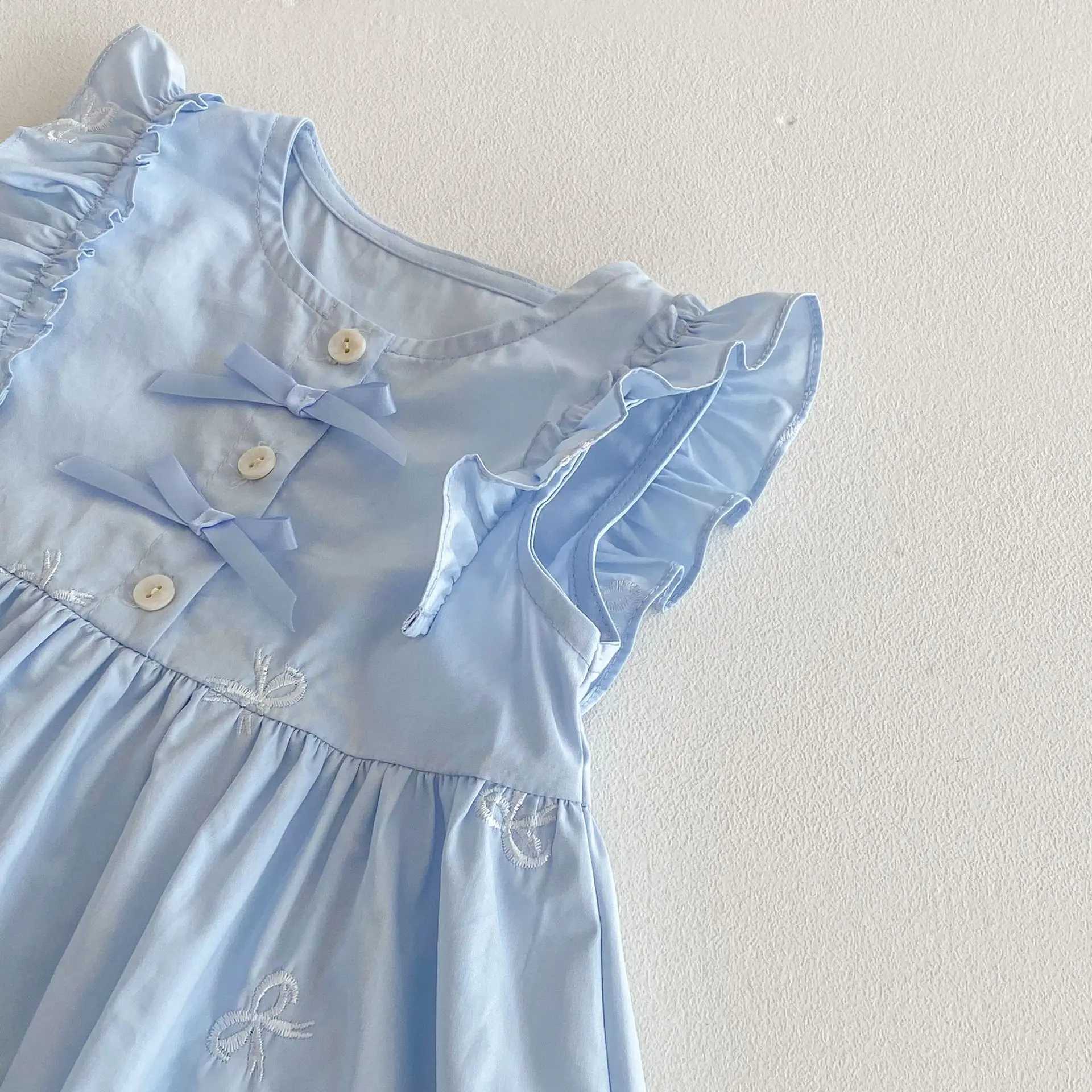 Girls Sweet Solid Color Dress 2025 Summer New Style Ruffle Shoulder Bow Embroidered Loose Childrens Dress W250326