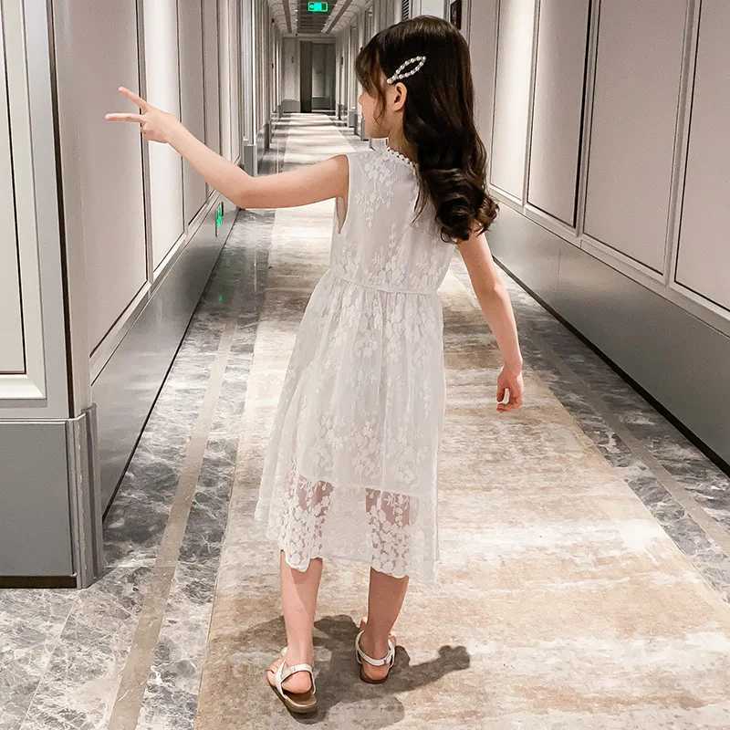 Summer 2025 Youth and Childrens Girls Clothing Flower Net Princess White Dress Sleeveless Shoulders 5 6 7 8 9 10 11 12 Years Old W250326