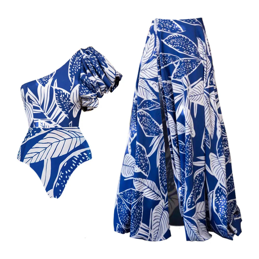 2Pcs Shoulder Ruffle Swimsuit With Skirt Women Sexy Swimwear Female Bikini Printed Biquini Swim Suit Deep V Bodysuit Beachwear 250324