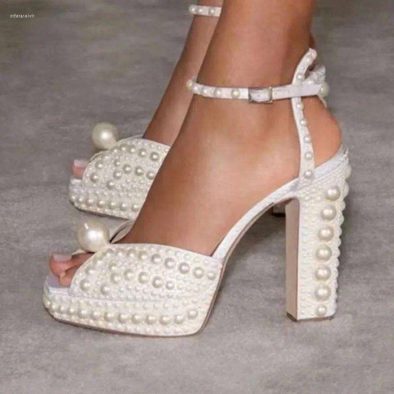 Pearl High heels Platform Women Shoes Wedding Dress shoes Designer Sandals Handmade Beaded Thick Heel Peep Toe Girls aeca