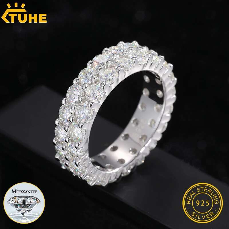 Top Quality 2 Rows 3mm VVS1 Moissanite Rings For Men Hip Hop Jewelry 925 Silver HipHop/Rock Bling Ring Gift