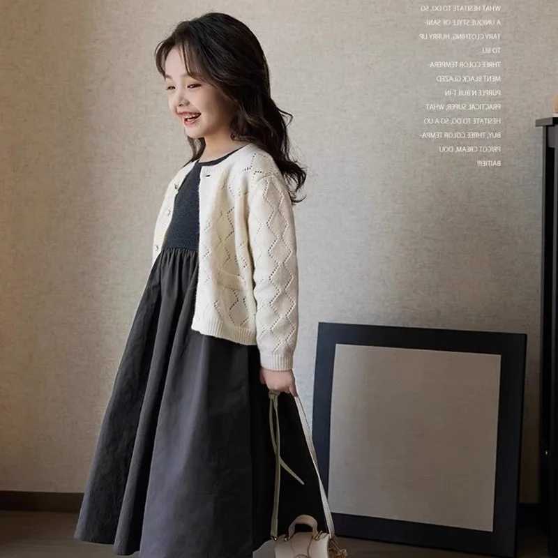 Girls Fashion Knitted Dress 2023 Autumn New Childrens Korean Edition Combination Design Art Long Sleeve Skiing W250326