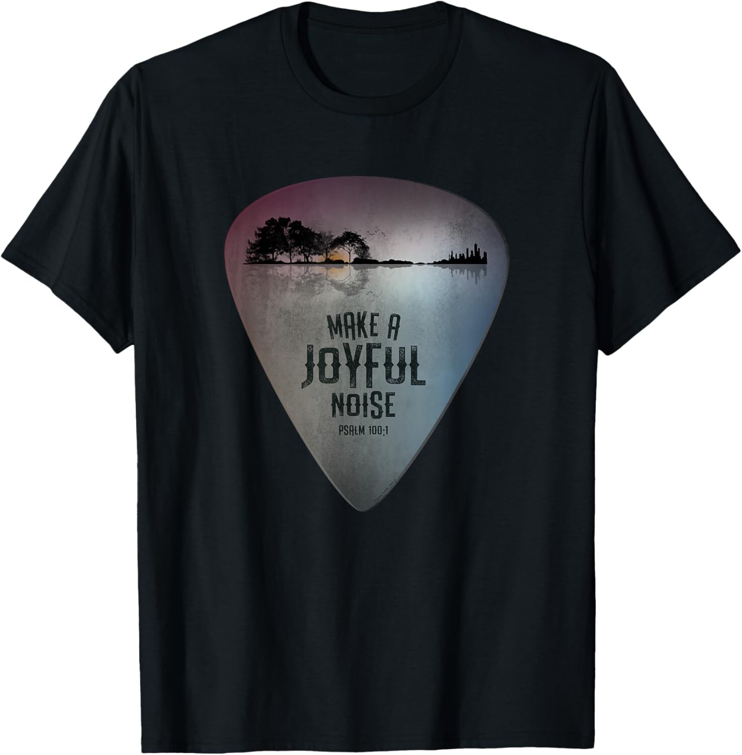 T shirt for Mens Guitar Lake Reflections Make a Joyful Noise Bible Verse Graphic Tee Casual Tops Clothes Short sleeve cool