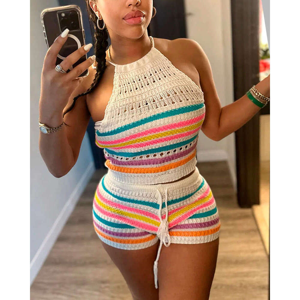 2025 Summer Womens New Sweater Fashion Print Backless Hanging Neck Top Hip Hugging Tight Pants Set Versatile Printing Leisure Time New Product New Arr