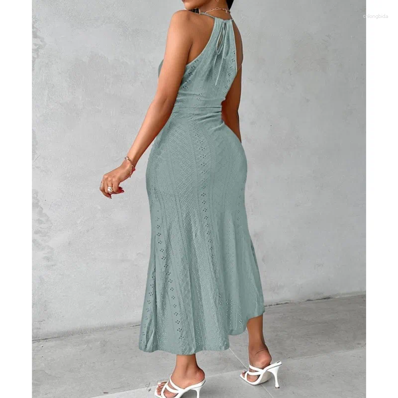 Casual Dresses 2025 Hollowed-out Slit Dress Women Fashion Hallow Sleeveless Pleated Summer Irregular Beach Vacation Solid Color