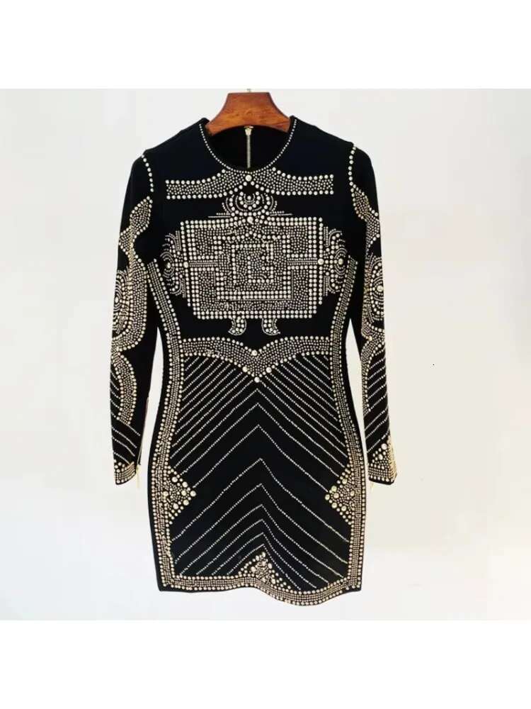 HIGH STREET Newest 2025 Designer Stylish Fashion Women Long Sleeve urious Metallic Beaded Stretchy Dress