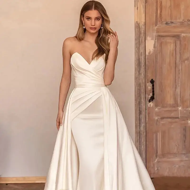 Simple Ivory Satin Mermaid Wedding Dresses With Detachable Train Pleats Sweetheart Sleeveless Long Bridal Gown 2025 Vestido De Novia
