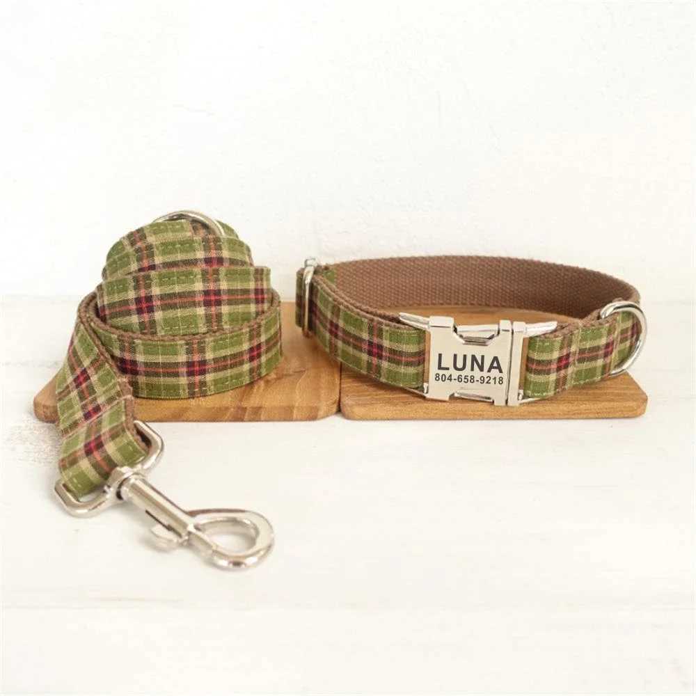 Personalized pet collar customized name ID tag adjustable soft brown set regular cat and dog collar lead strap X250326