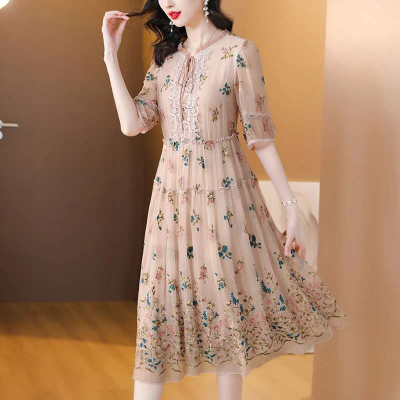 Women ral Natural Silk Embroidery Midi Spring Summer Fahsion Casual Beach Maxi Sundress Elegnat Loose Dress