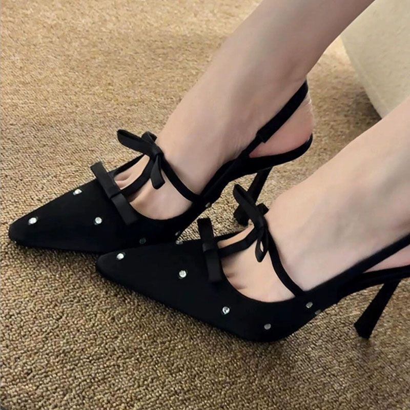 Sexy and stunning high heels for women in the spring of 2025, black bow style, socialite style, slim heels, pointed sandals, rhinestones
