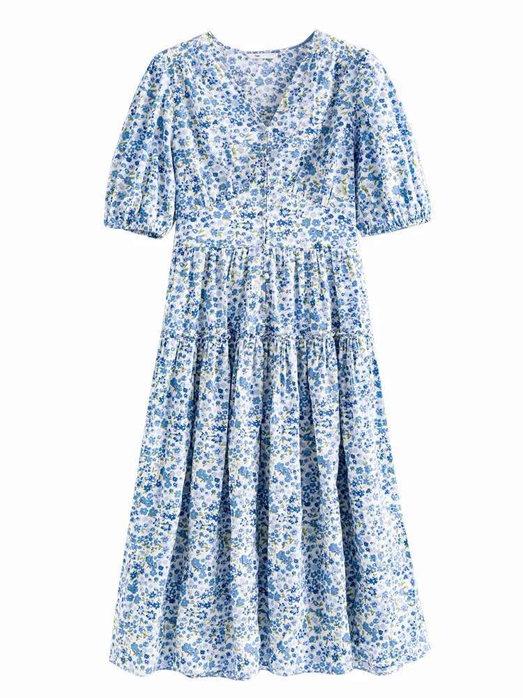 FSLE Blue Romantic ral Dress Women Elegant Vintage High Waist V-neck Puff Sleeve Summer Printing Female Cotton Long Skirts