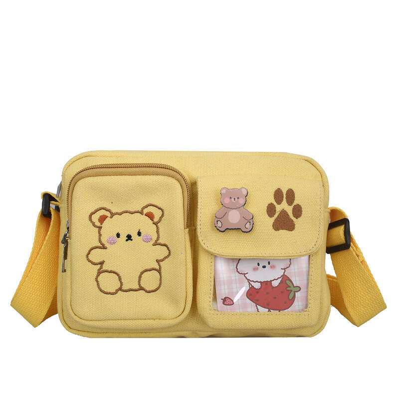 Canvas small ins antique, cute, funny and personalized embroidered bear student transparent crossbody bag