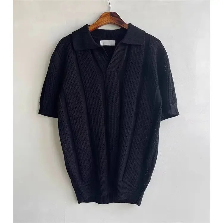 Mens Summer Korean Style Lightweight Knitshort Sleeves Polo Shirt Hollow Mesh Texture Knitwear Casual T-shirt Top 250325