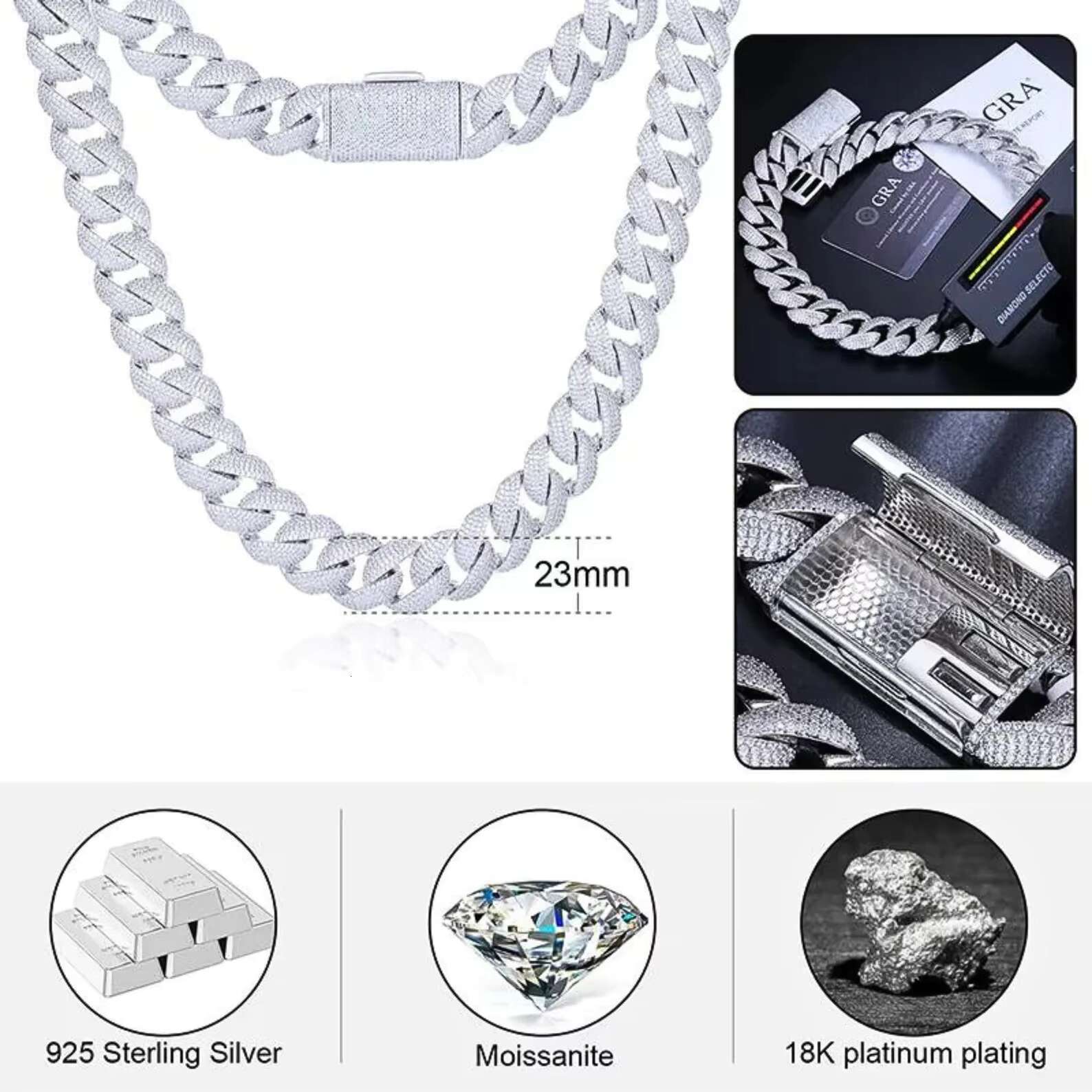 23MM Heavy 5-Row Moissanite Cuban Link Chain 925 Sterling Silver With Iced Out Diamond Stone Gold Hip Hop Cross Pattern Chain
