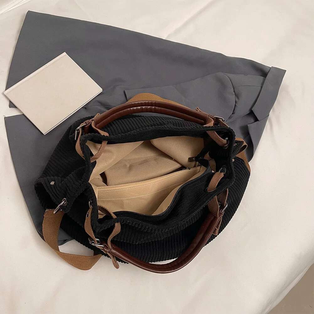 Slouchy Tote Bags Corduroy Casual Handbag Detachable Long Strap Shoulder Women's Large Capacity Crossbody Bag Zipper Satchel