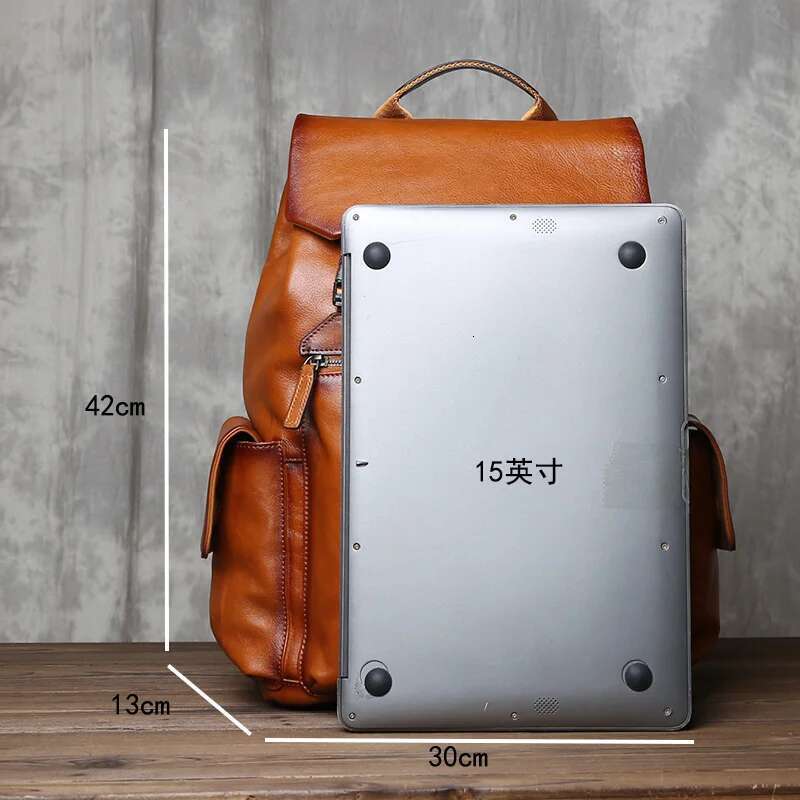 Solid Color High-Capacity Tree Cream Genuine Leather Backpack With Simple Drawstring Top Layer Cowhide 15 Inch Computer Bag
