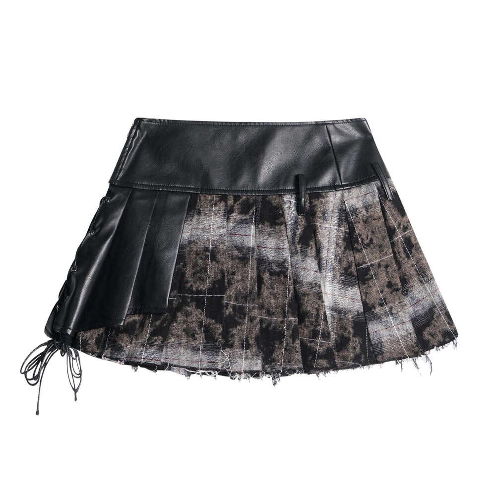 Sweet Cool Subculture Fake Two Piece Leather Splicing Pleated Short Female Y2k Punk A-Line Slimming Half Body Skirt Trendy