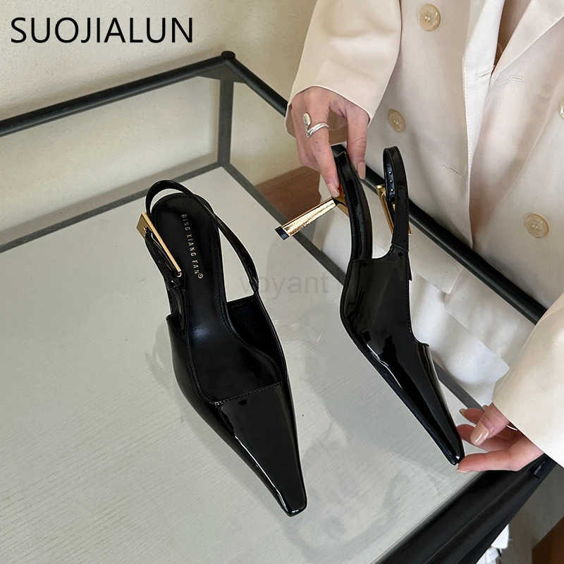SUOJIALUN 2024 Spring New Band Wen Pumps Shoes Fashion Shallow Slip On Slingback Sandals Thin High Heel Dress Sexy Pumps Shoes Z250326