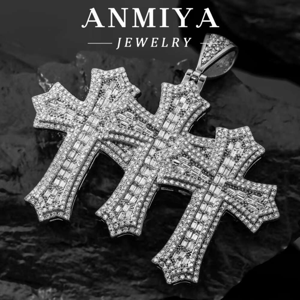 ANMIYA Custom Hip Hop Jewelry 925 Sterling Silver Solid Diamond Mens Moissanite Cross Pendant