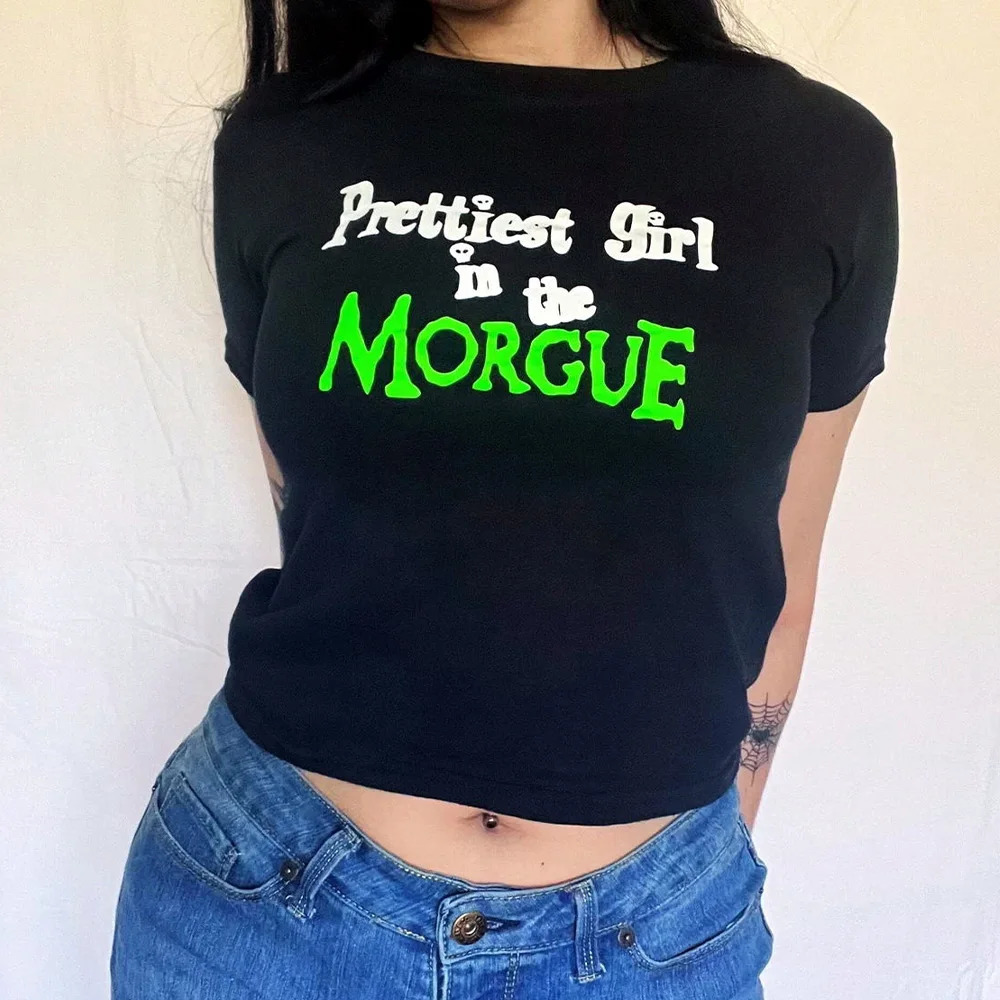 Prettiest in The Morgue Black Tees Summer Slim Cotton Sexy Crop Tops for Women Street Fashion Grunge Y2K T Shirts 250321
