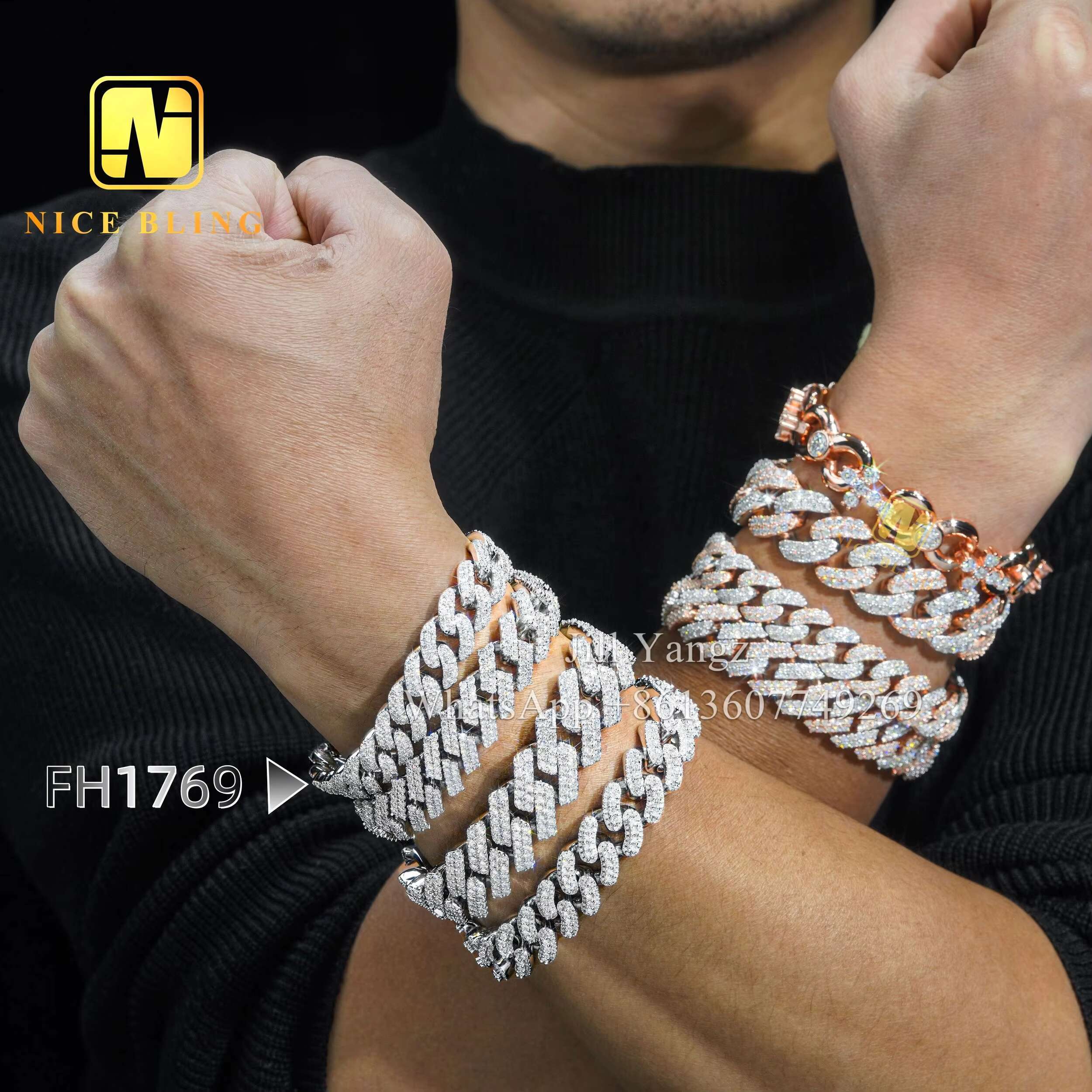 Ready Stocks 12mm Moissanite Cuban Bracelet Soldier Chain 18k Gold Plated Necklace Silver Cuban Link Chain Monaco Chain