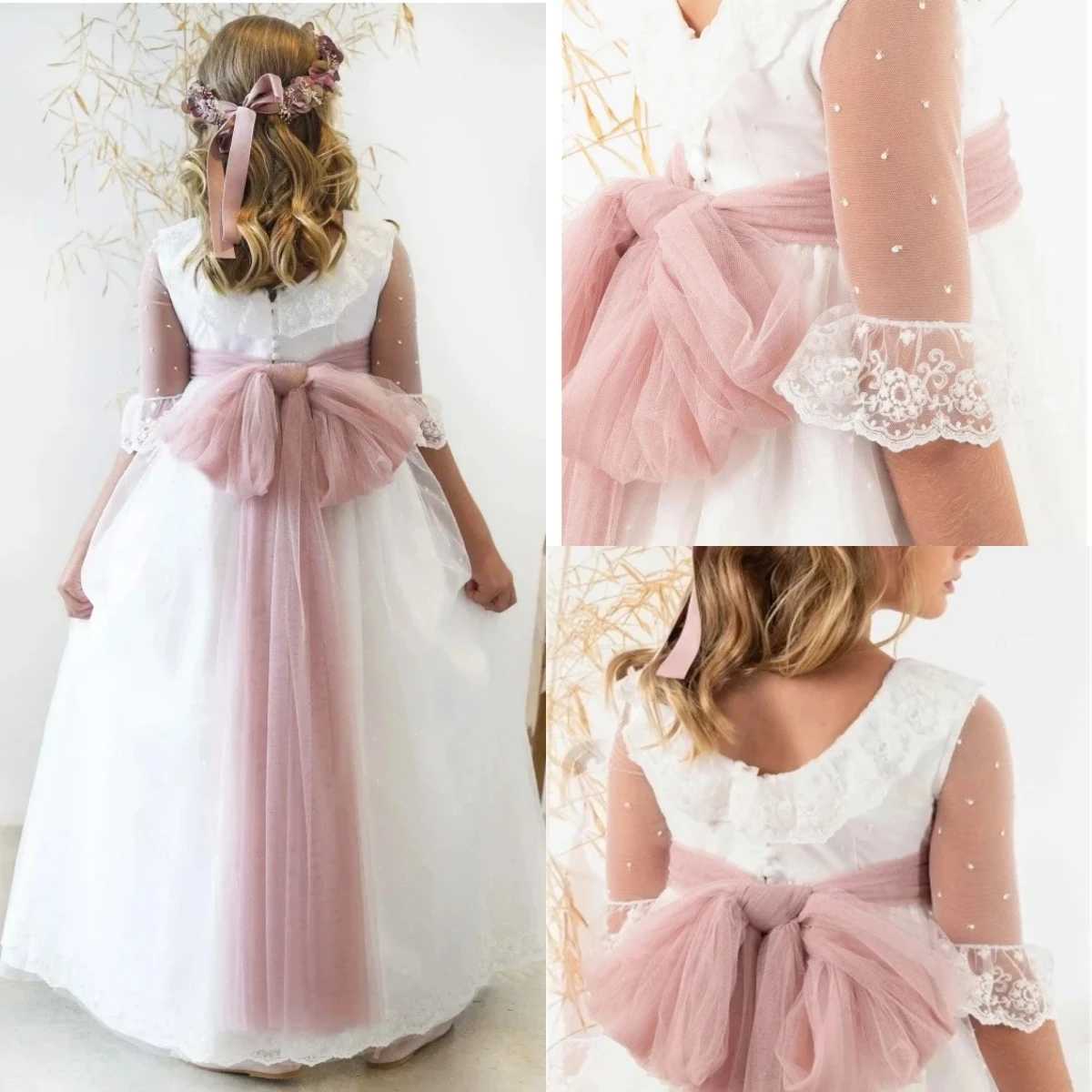 Elegant pastoral first communication dress floral girl dress bow waistband thin gauze decal wedding dress childrens birthday party dress W250326