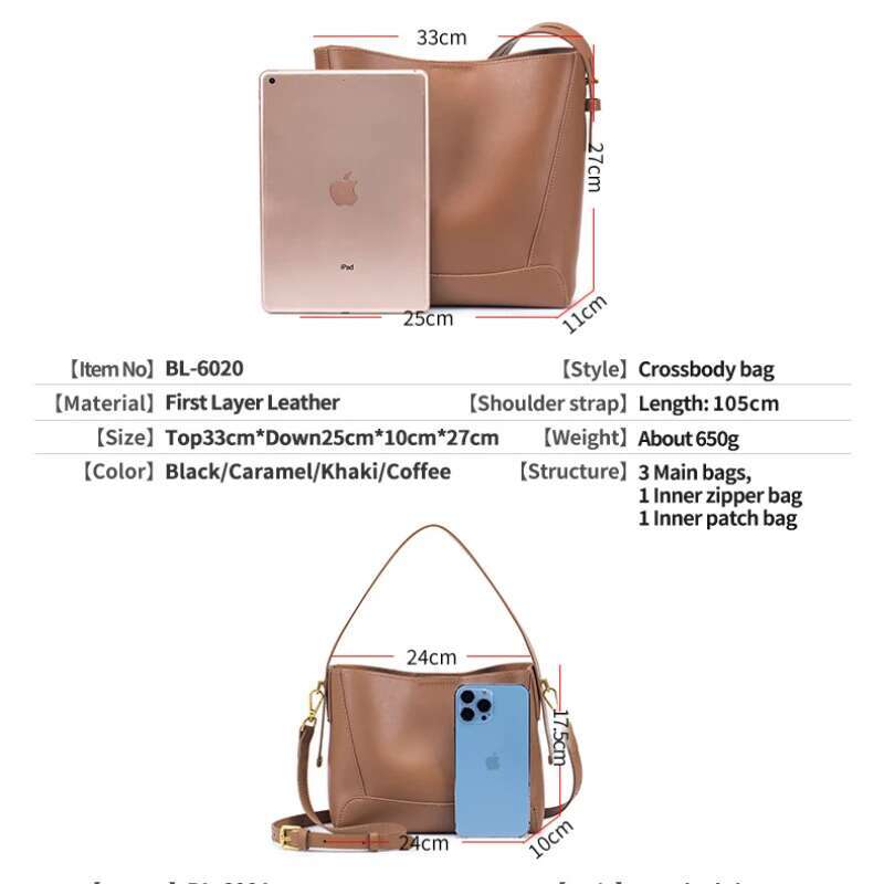 Genuine Leather Bucket Shoulder Bag Women Cowhide Crossbody Designer Tote Handbag Lipstick Phone Large-Capacity
