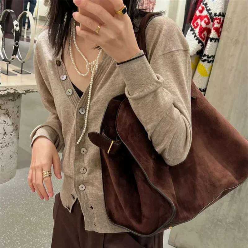 Suede Tote Stylish Casual Shoulder Crossbody Bag Large Capacity 100% Cowhide Handbag