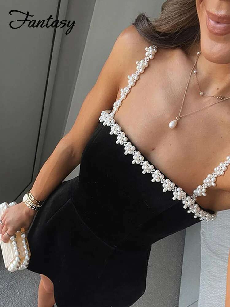Elegant 3d wer Pearl Slip Dress Women Sexy Square Collar Backless Sleeveless Mini Dresses 2025 Spring Black Slim Robe Lady