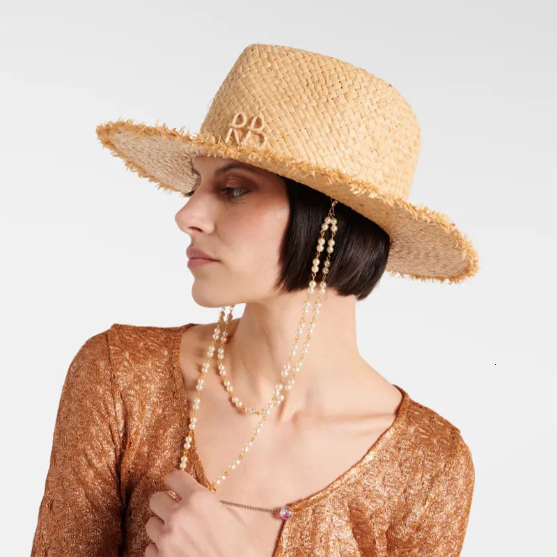 2025 Summer Raffia Straw Hat Beach Womens Seaside Panama Sun Hat Vacation Chain Pearl Flat Top Big Brim Straw Hat Handmade Caps 250325