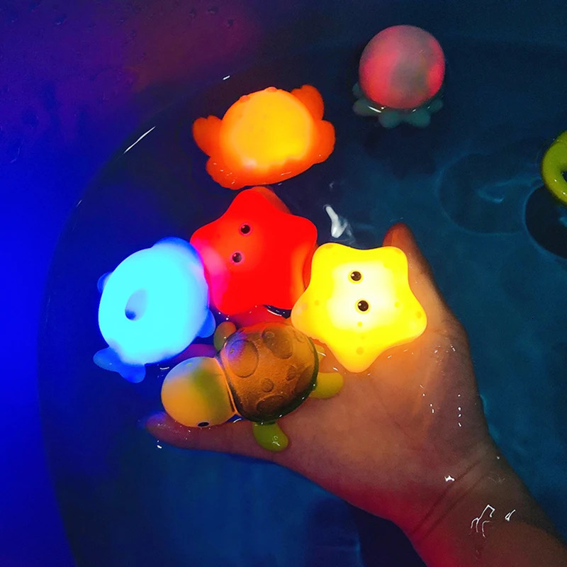 Baby Cute Animals Bath Toy Swimming Water LED Light Up Toys Soft Rubber Float Induction Luminous Frogs for Kids Play Funny Gifts 250326