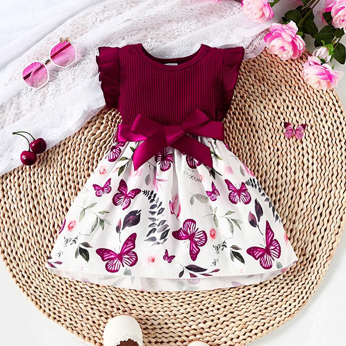 Baby girl butterfly and plant polka dot printed pleated sleeve belt dress+ribbon W250326