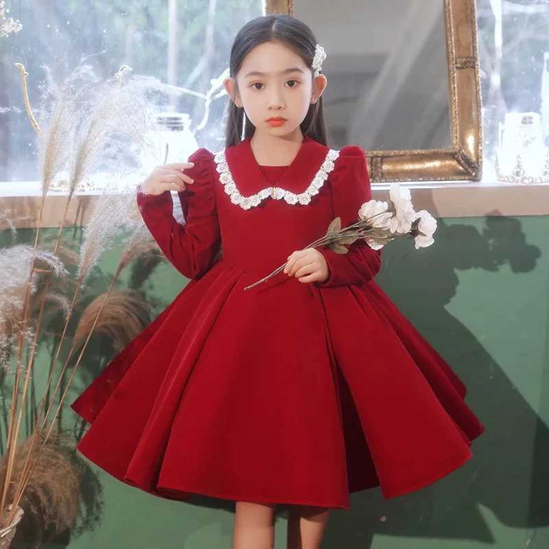 New Years Elegant Girl Red Dress Childrens Par Long Sleeve Ball Dress Piano Performance Childrens Girl Classic Slimming Dress W250326