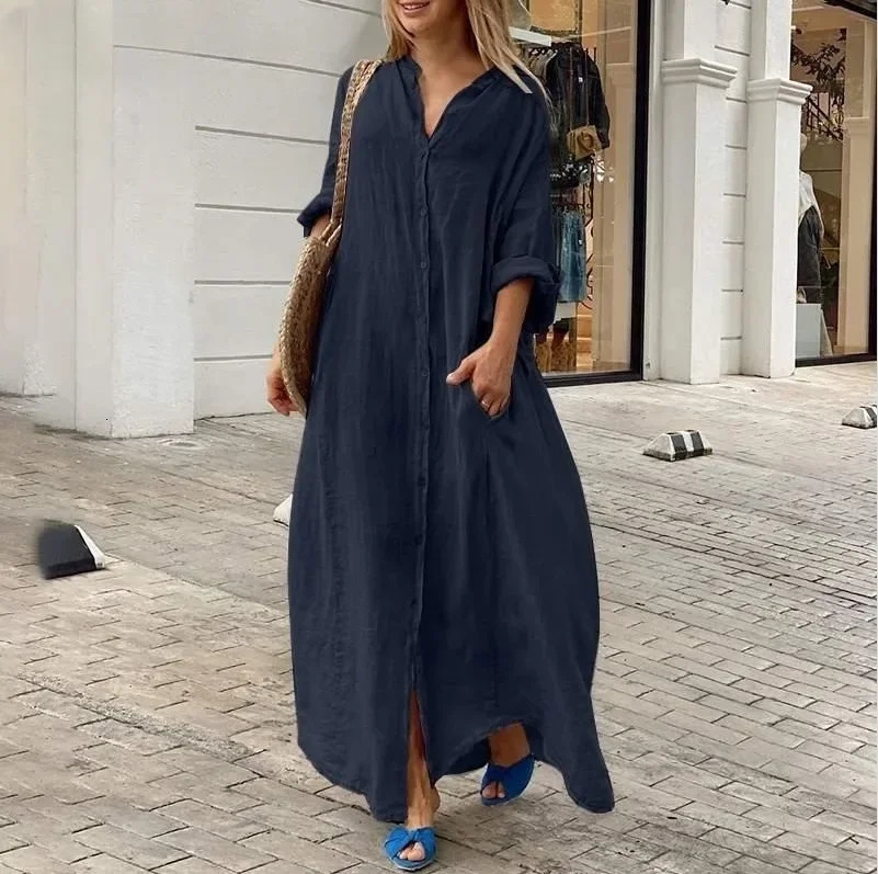 2024 Spring Cotton Linen Oversize Women Dress Long White Button Loose Dresses Female Casual Trendy Elegant Ladies Clothes 250326