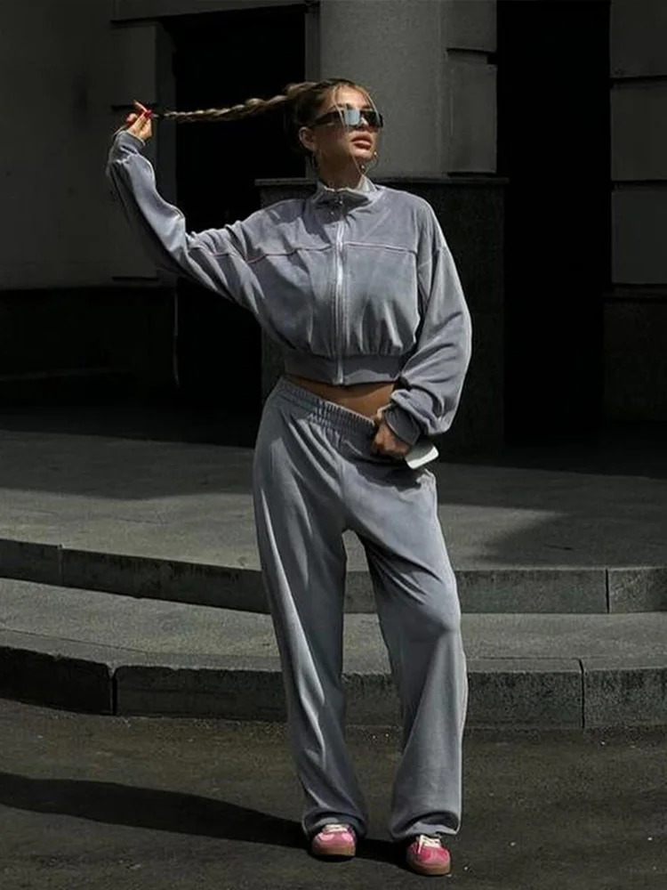 Sports patch loose pants set womens casual long sleeved zipper holder collar short top wide leg Trousers womens elastic set 250320