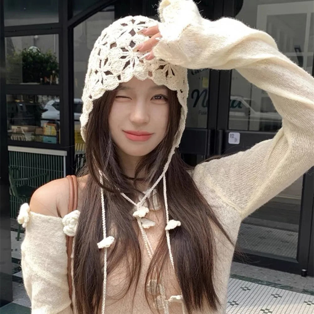Fashion Handmade Crochet Hollow Knit Cap Women Girl Y2K Sweet Berets Retro Casual Turban Mesh Flower Pullover Hat Skullies Hat 250321