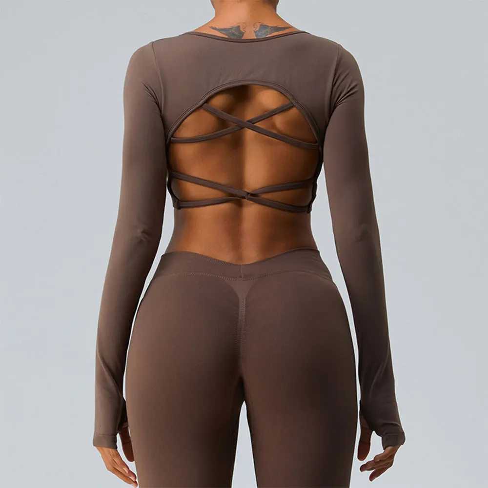 Sexy womens backless seamless cut top fitness shirt long sleeved gym exercise top womens front yoga top activity suit W250326