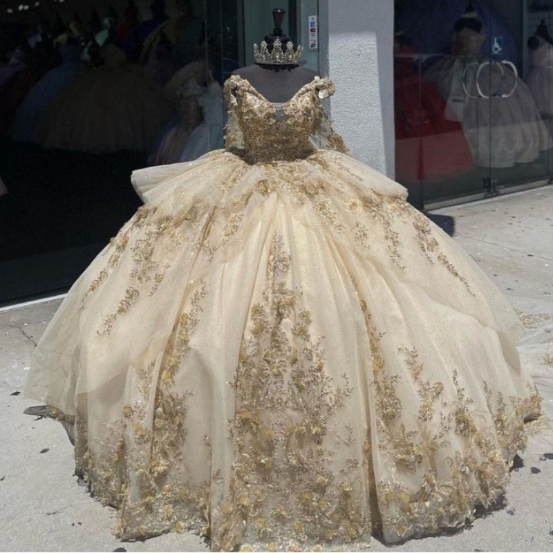 Champagne Shiny Quinceanera Dresses Ball Gown Birthday Party Prom Dress Lace Applique Sweetheart Sweet 16 Dress Vestidos De 15 Anos
