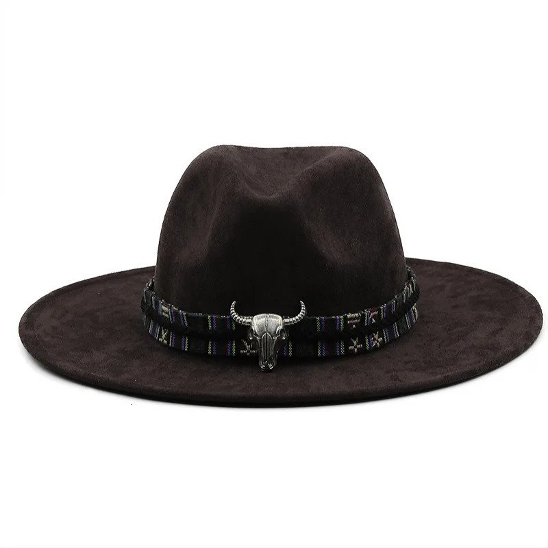 Suede Fedora Hat Mens Bullhead Accessories Western Cowboy Sun Hat Womens Fashion Top Jazz Hat Fedoras Chapeau Sombrero Mujer 250325